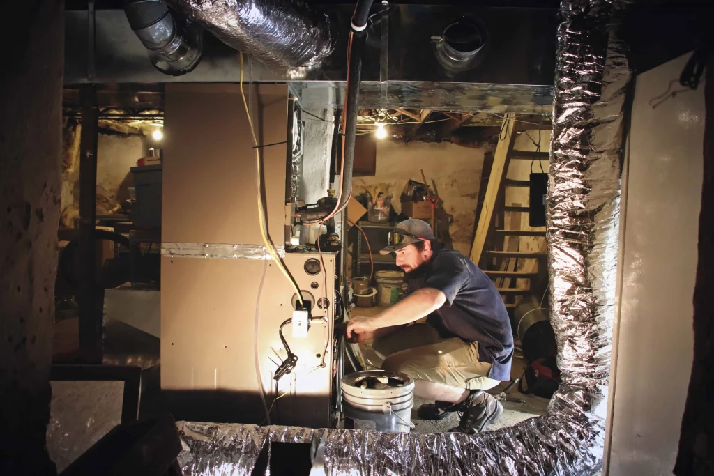 PlumbPRO team member disconnects an old furnace